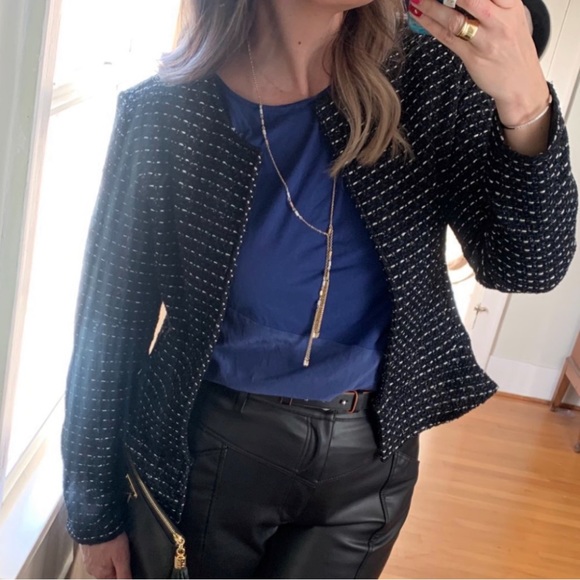 🛍️Anthropologie Dolan black blue tweed lurex peplum jacket L - Picture 4 of 10
